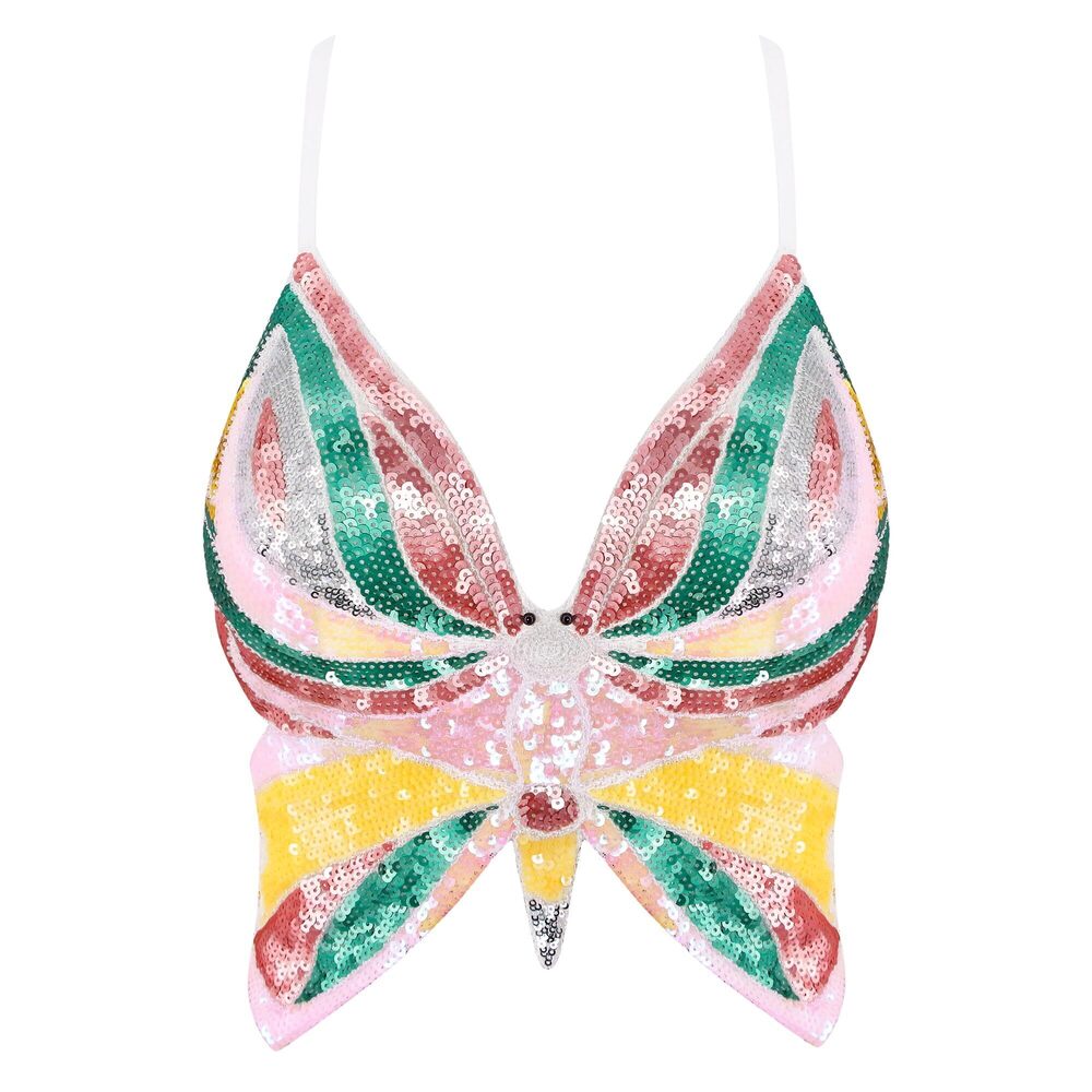 3830 ’s Sexy Butterfly Shape Sequin Crop Top Bandage Lace up Tank Top Belly